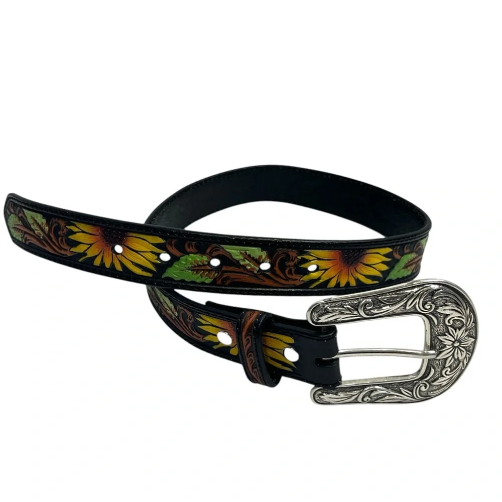 Nocona – Girls Western Sunflower Leather Tooled Belt ( Black ) Size 24
